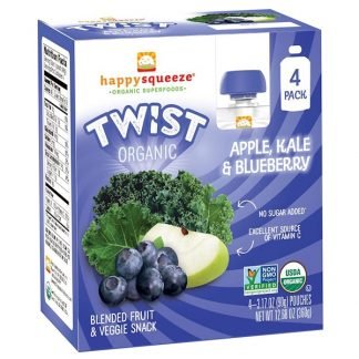 Happy Family Organics, ハッピースクイズ、オーガニク・スーパーフード、ツイスト、有機リンゴ、ケール、ブルーベリー、4袋、3.17オンス（90g）