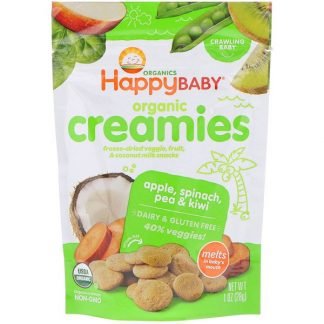 Happy Family Organics, Organic Creamies, Freeze-Dried Veggie, Fruit ＆ Coconut Milk Snacks, Apple, Spinach, Pea ＆ Kiwi, 1oz（28g）