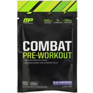 MusclePharm, コンバットプレワークアウト、ブルーラズベリー、0.33オンス (9.3 g) トライアルサイズ