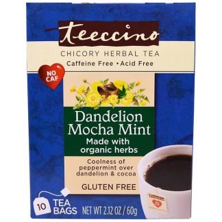 Teeccino, チコリ・ハーバルティー、ダンデライオン・モカミント、カフェインフリー、ティーバッグ10袋、2.12オンス（60g）