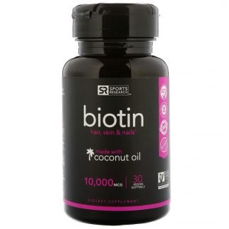 Sports Research, ココナッツオイル配合ビオチン、10,000mcg、植物性ソフトジェル30粒