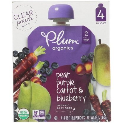 Plum Organics, オーガニックベビーフード、ステージ2、ナシ、パープルキャロット & ブルーベリー、 4ポーチ、各4オンス (113 g) (Discontinued Item)