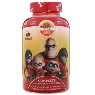 Sundown Naturals Kids, コンプリートマルチビタミングミ、インクレディブル2、グレープ、オレンジ、チェリー風味、180粒