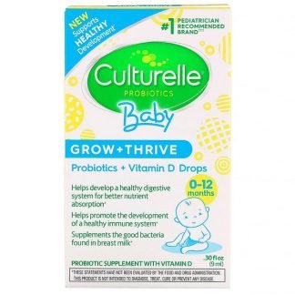 Culturelle, プロバイオティクス、ベビー、グロー＋スライブ、プロバイオティクス＋ビタミンD滴、0〜12か月用、9ml（0.30fl oz）