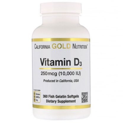 California Gold Nutrition, ビタミンD3、250 mcg（10,000 IU）、魚ゼラチンソフトジェル360粒