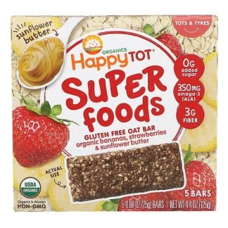 Happy Family Organics, オーガニックス・ハッピー・トット、スーパーフード、グルテンフリーオーツバー、オーガニックバナナ、イチゴ＆ヒマワリバター、5本入り、各25g