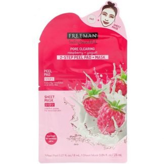 Freeman Beauty, フィーリングビューティフル、2ステップピールパッド、毛穴洗浄、ラズベリー + ヨーグルト、ピールパッド及びマスク各1枚