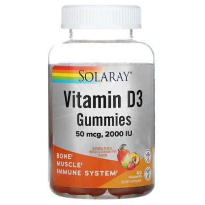 Solaray, Vitamin D3 Gummies, 25 mcg (1,000 IU), Natural Peach, Mango, & Strawberry Flavor, 60 Gummies